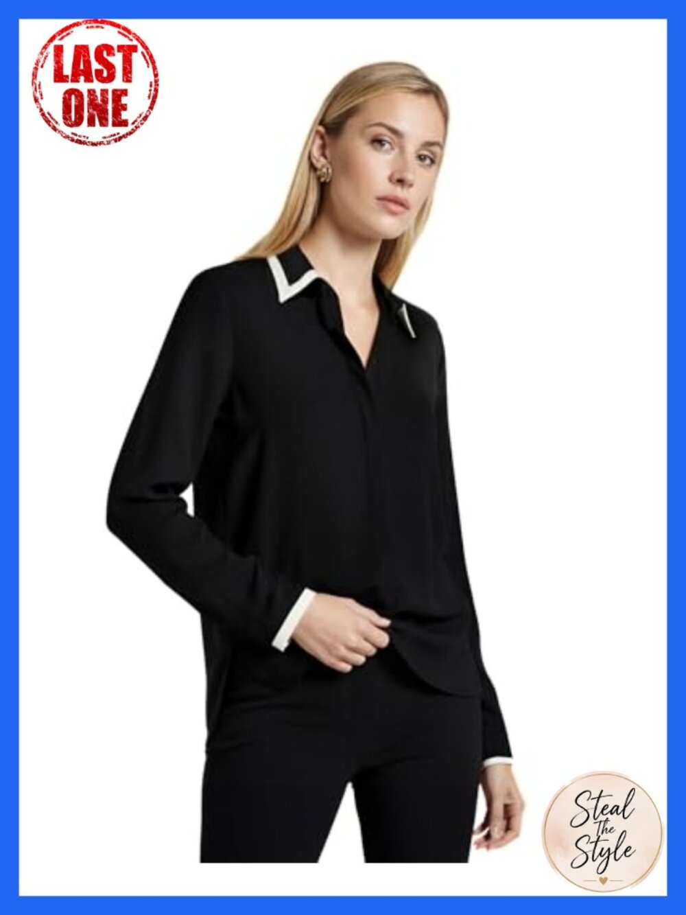Women's Long-Sleeve Button-Down Blouse with Contrast Tipping, 100% Polyester,